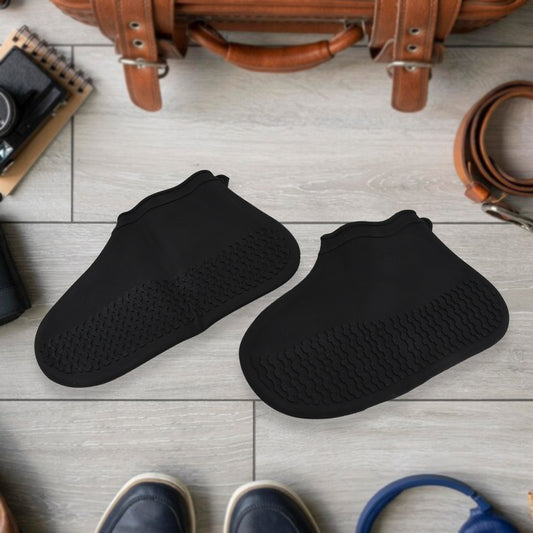 Pair of Wukusy non-slip silicone rain boot covers in small size, waterproof and reusable, designed to keep shoes dry and skid-proof.