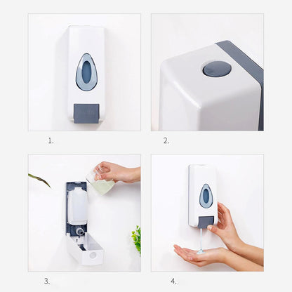 Wall-mounted Wukusy liquid soap dispenser in a home bathroom, sleek design with a pump for easy soap dispensing.