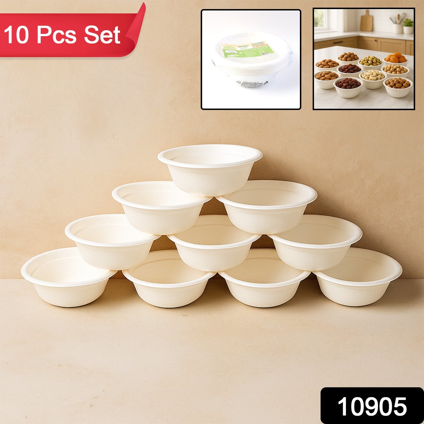 Wukusy Freshee 240ml compostable bagasse bowl with lid, perfect for eco-friendly home and kitchen use, set of 10.
