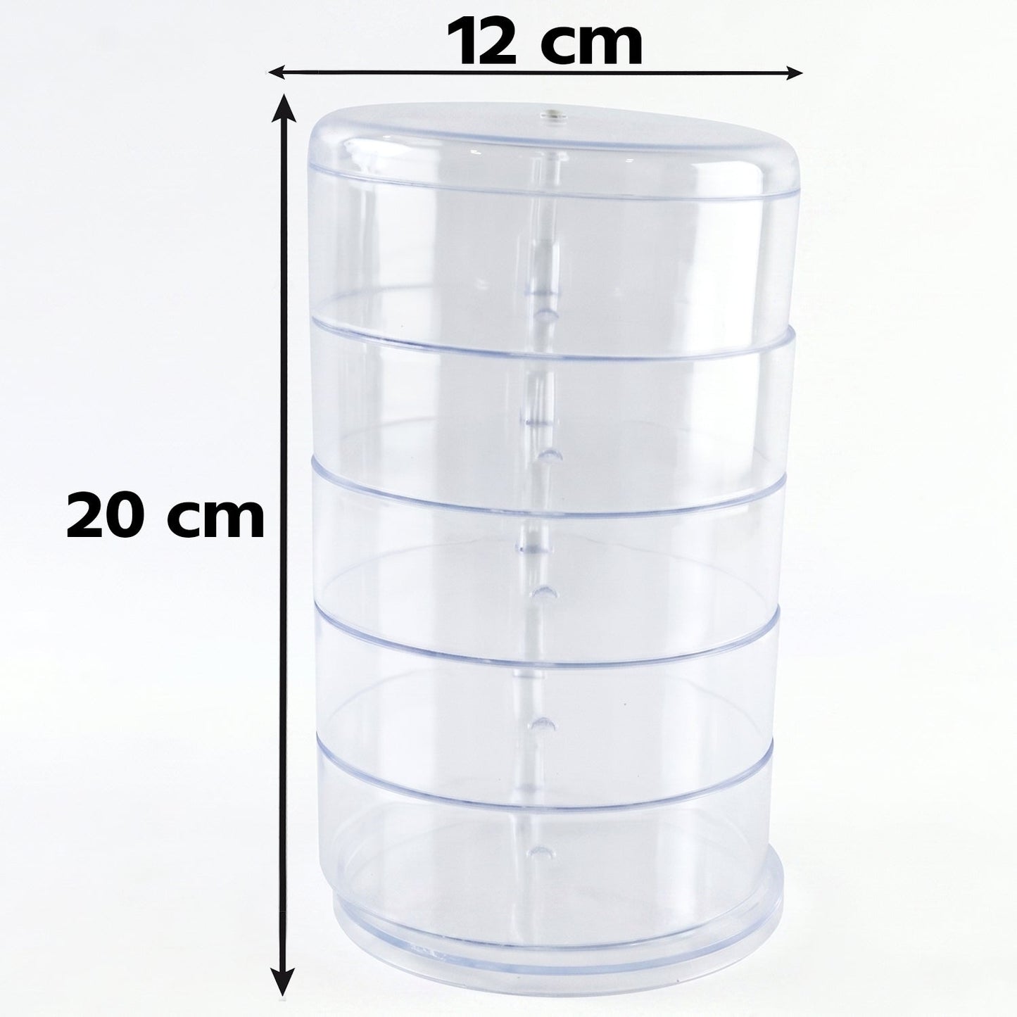 Wukusy 5-layer rotating jewelry storage box with compartments for rings, earrings, and watches, shown with jewelry inside.