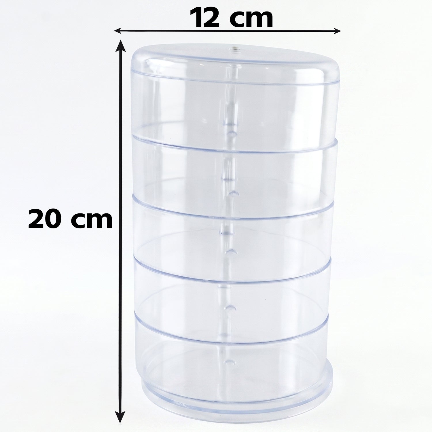 Wukusy 5-layer rotating jewelry storage box with compartments for rings, earrings, and watches, shown with jewelry inside.