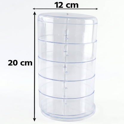 Wukusy 5-layer rotating jewelry storage box with compartments for rings, earrings, and watches, shown with jewelry inside.