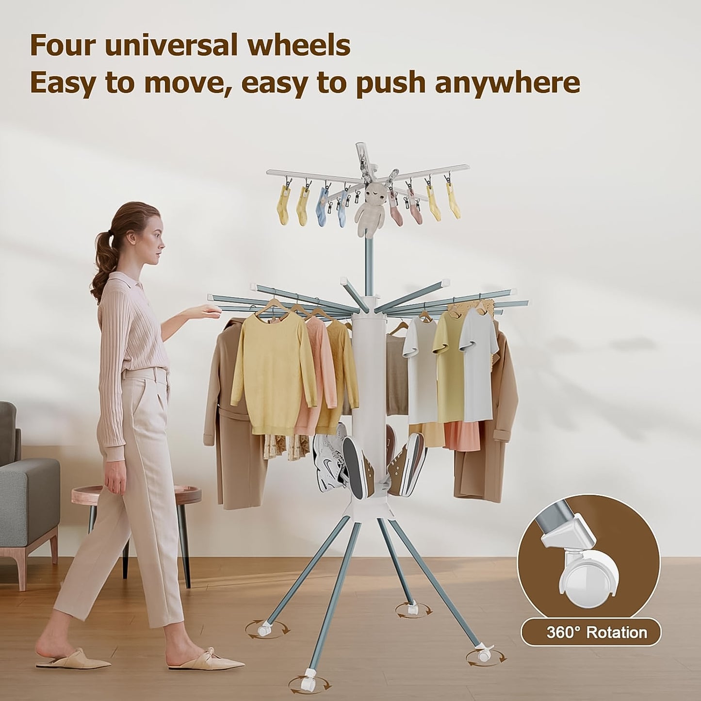 Wukusy multi-layer foldable clothes drying rack set with multiple tiers for home drying and laundry organization.