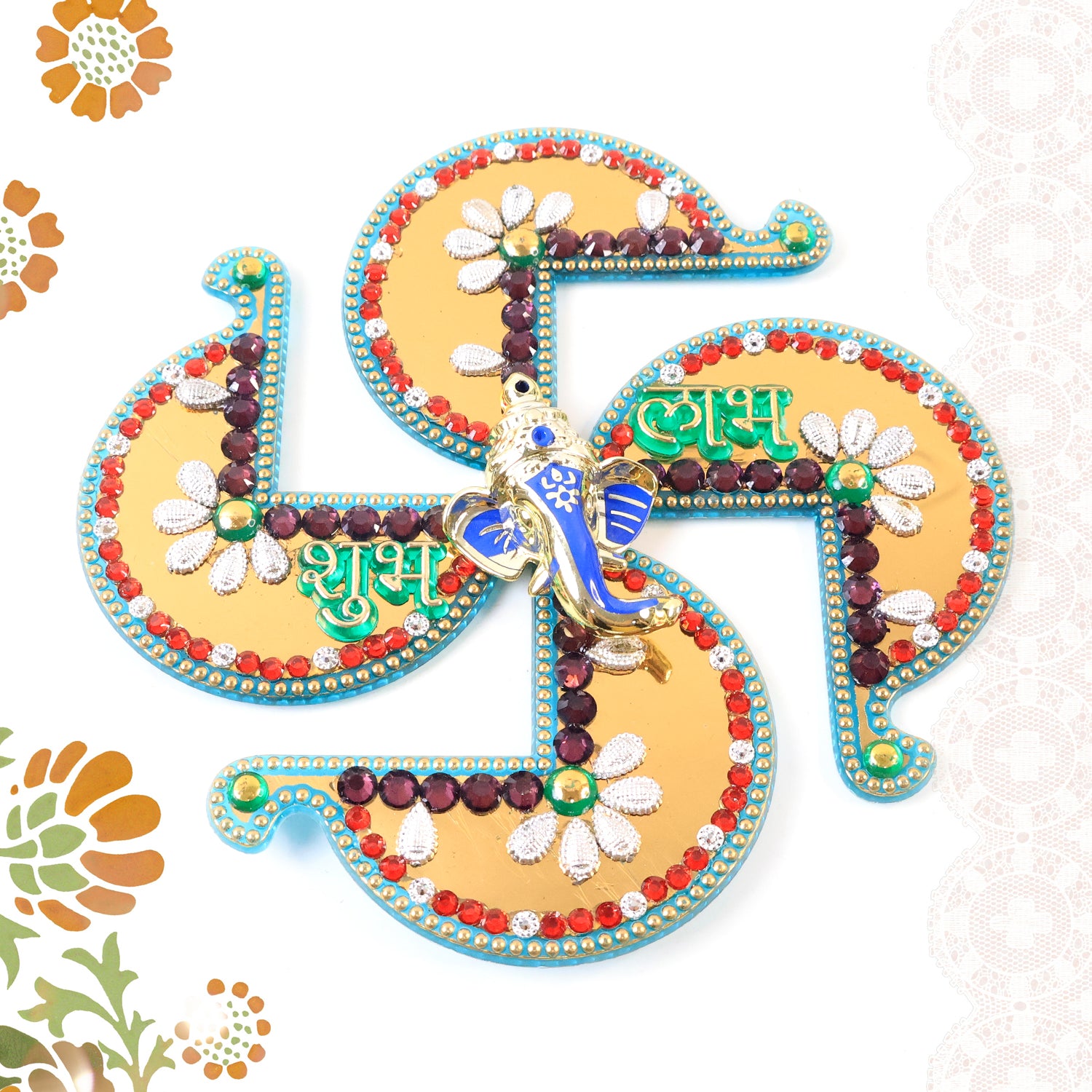 Golden Swastik Shubh Labh wall hanging with Ganesh idol, traditional Indian home decor by Wukusy for auspicious blessings.