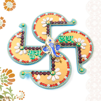 Golden Swastik Shubh Labh wall hanging with Ganesh idol, traditional Indian home decor by Wukusy for auspicious blessings.