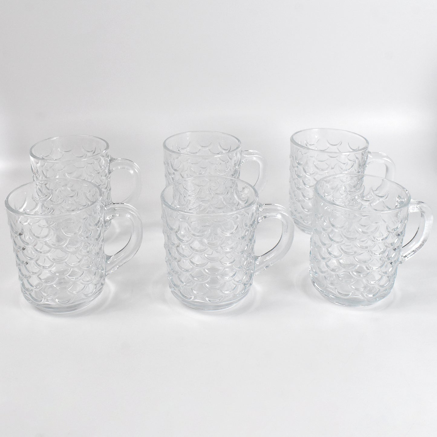 Set of six Wukusy glass coffee and tea mugs with handles, clear and sturdy for hot beverages.