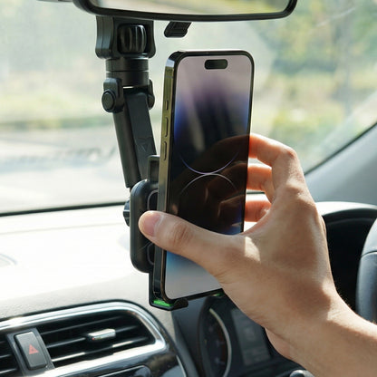 Wukusy 360-degree adjustable rearview mirror car mobile phone holder mounted on a vehicle mirror with phone secured in place