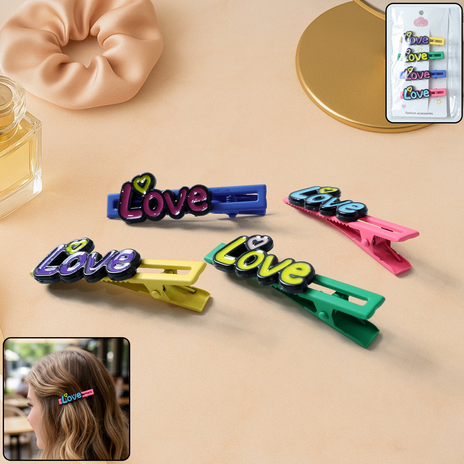 Set of four decorative Wukusy hair clips featuring colorful, stylish designs for adding charm to hairstyles.