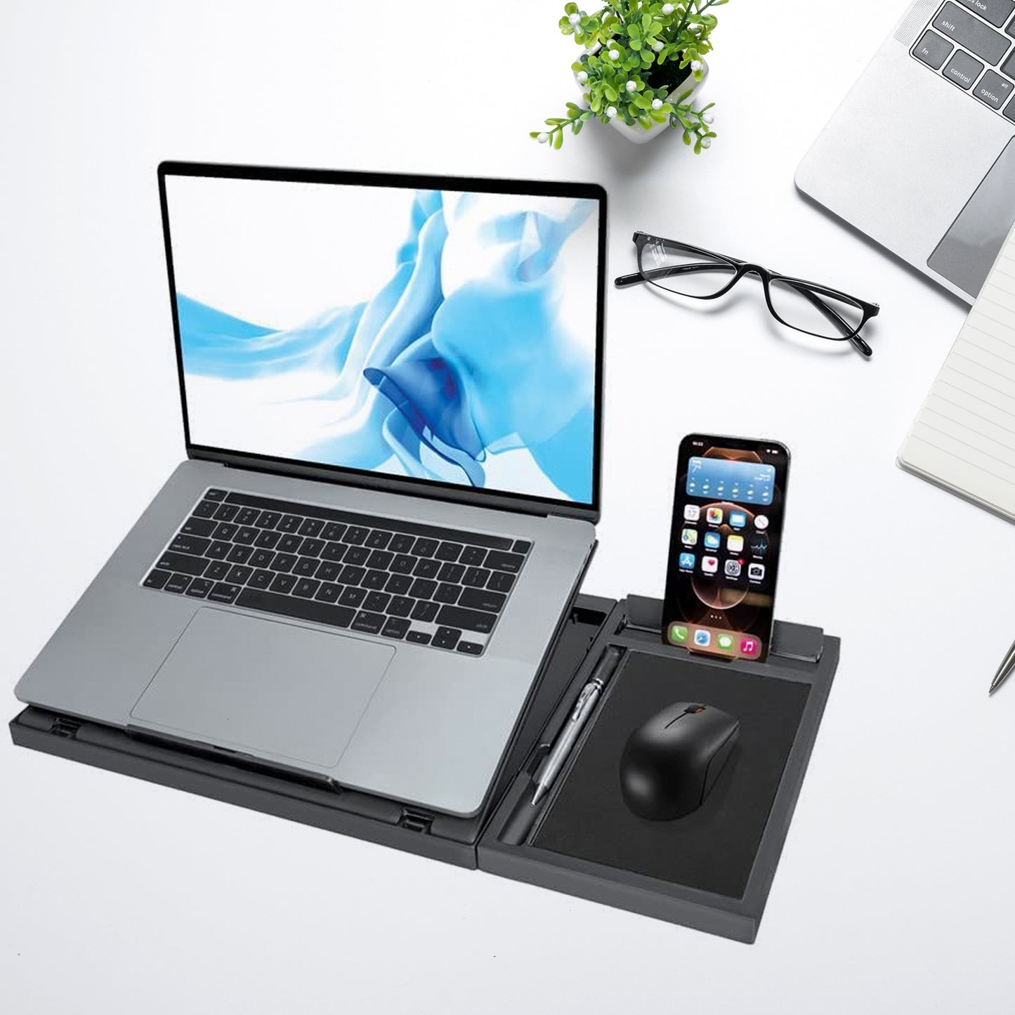 Wukusy 1229 portable foldable laptop stand with tray, compatible with MacBook, notebook, tablet, and includes a free phone stand.