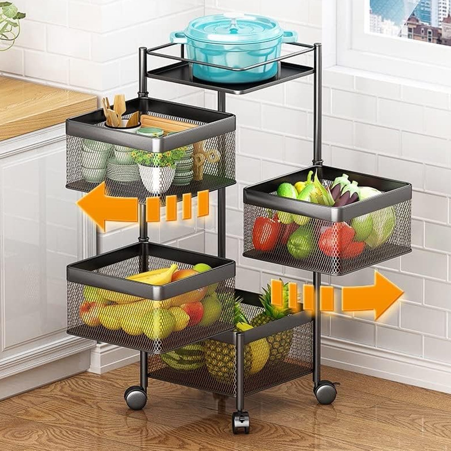 Wukusy metal kitchen trolley with 4-layer square design, wheels, for storing fruits, vegetables, onions, and kitchen accessories.