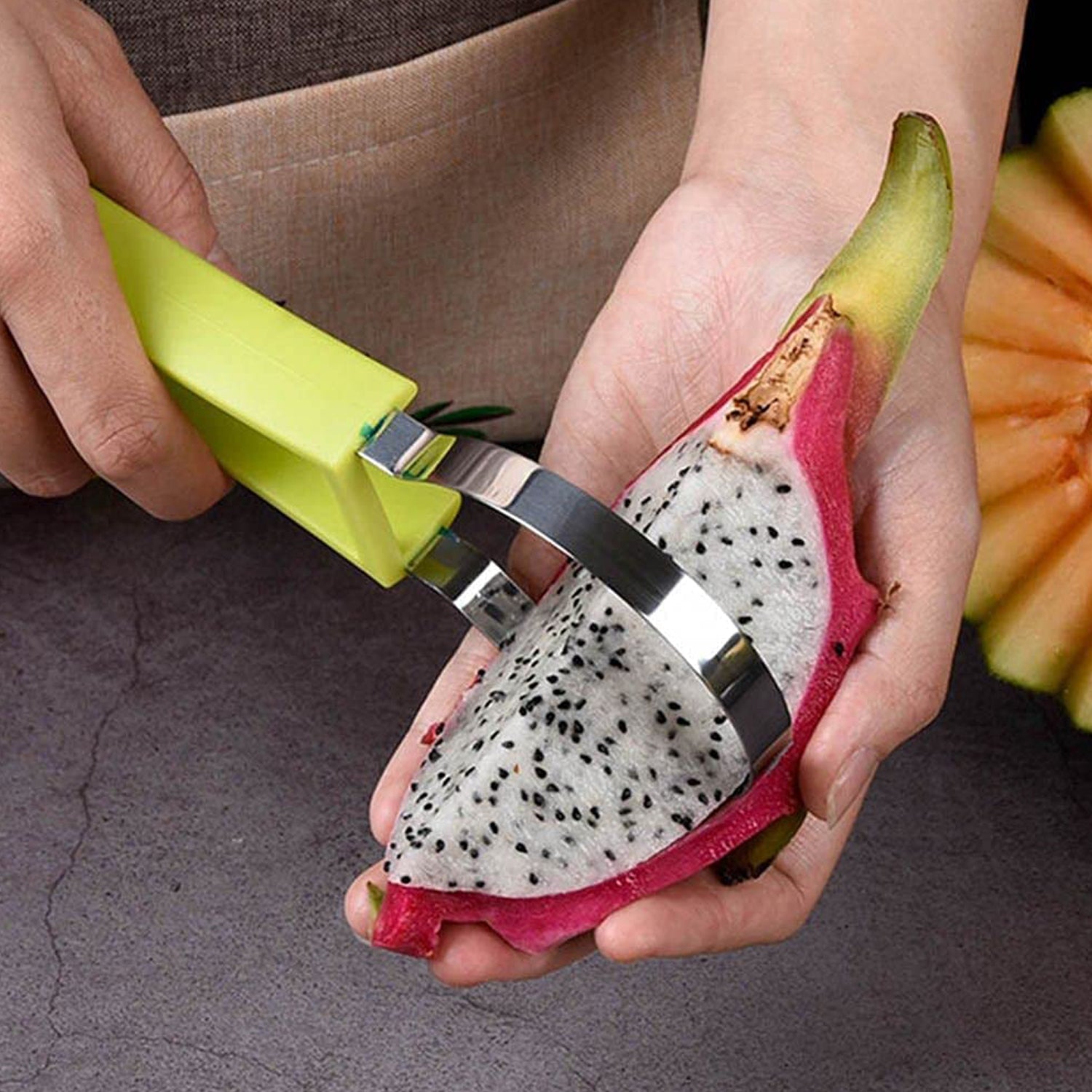 Wukusy 4-in-1 stainless steel melon baller and seed remover tool with double-sided scooper for fruit and dessert preparation
