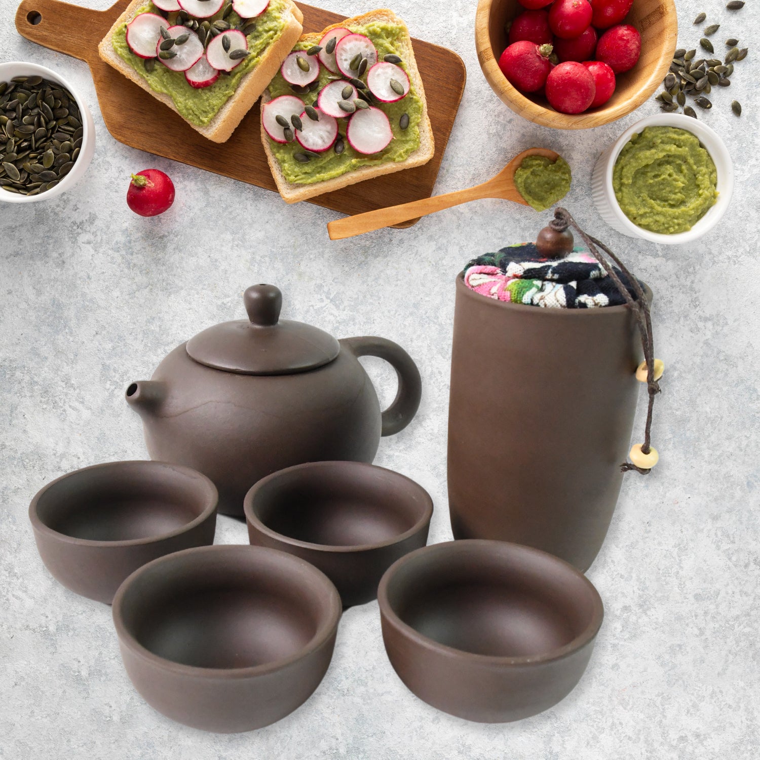Wukusy portable Kung Fu tea set with six pieces in a travel bag, ideal for home decor and tea preparation on the go
