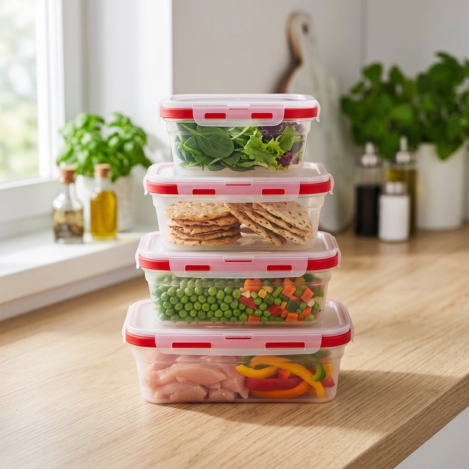 Wukusy collapsible food storage container set with four airtight, foldable lunch boxes, ideal for meal prep and storage.