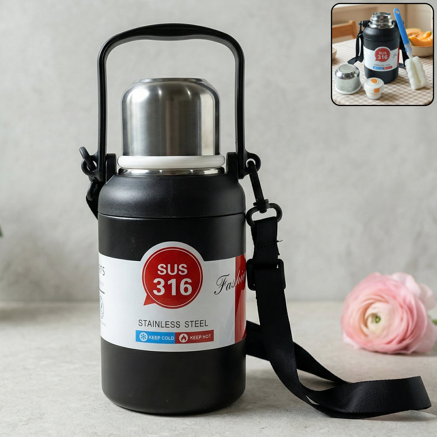 Wukusy premium 900ml stainless steel vacuum insulated bottle with handle, featuring a sleek design and secure screw-top lid