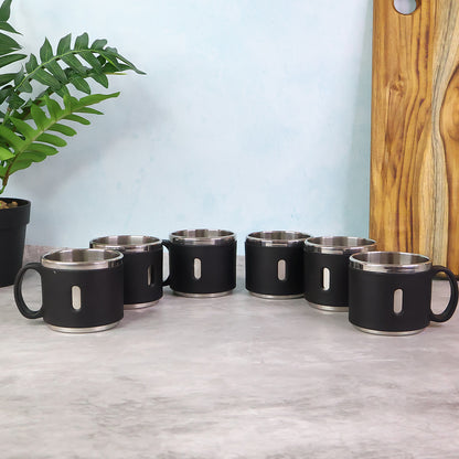 Set of six Wukusy Apex Premium stainless steel double wall coffee mugs, 150 ml each, with sleek modern design.
