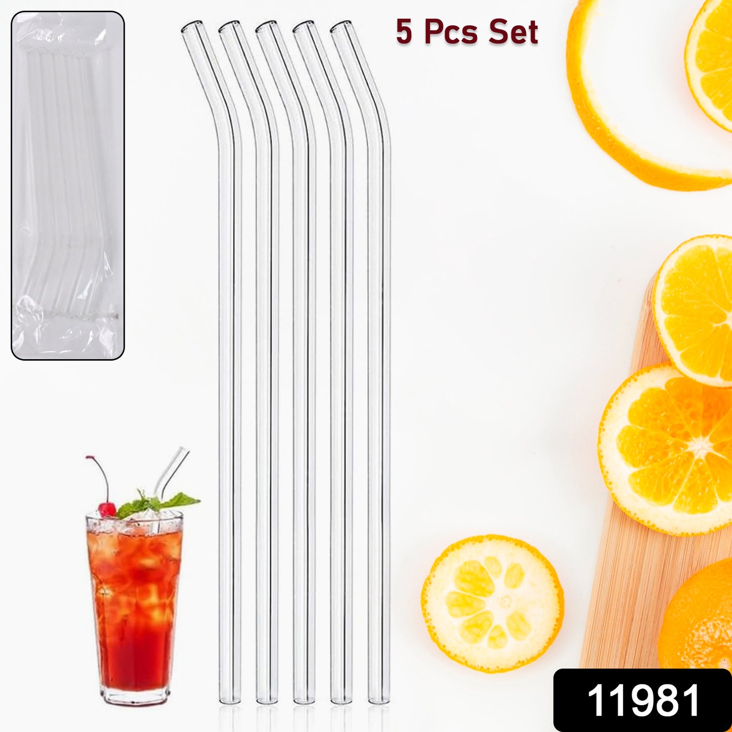Set of 5 clear plastic reusable glass straws from Wukusy, designed for eco-friendly drinking and durable use.