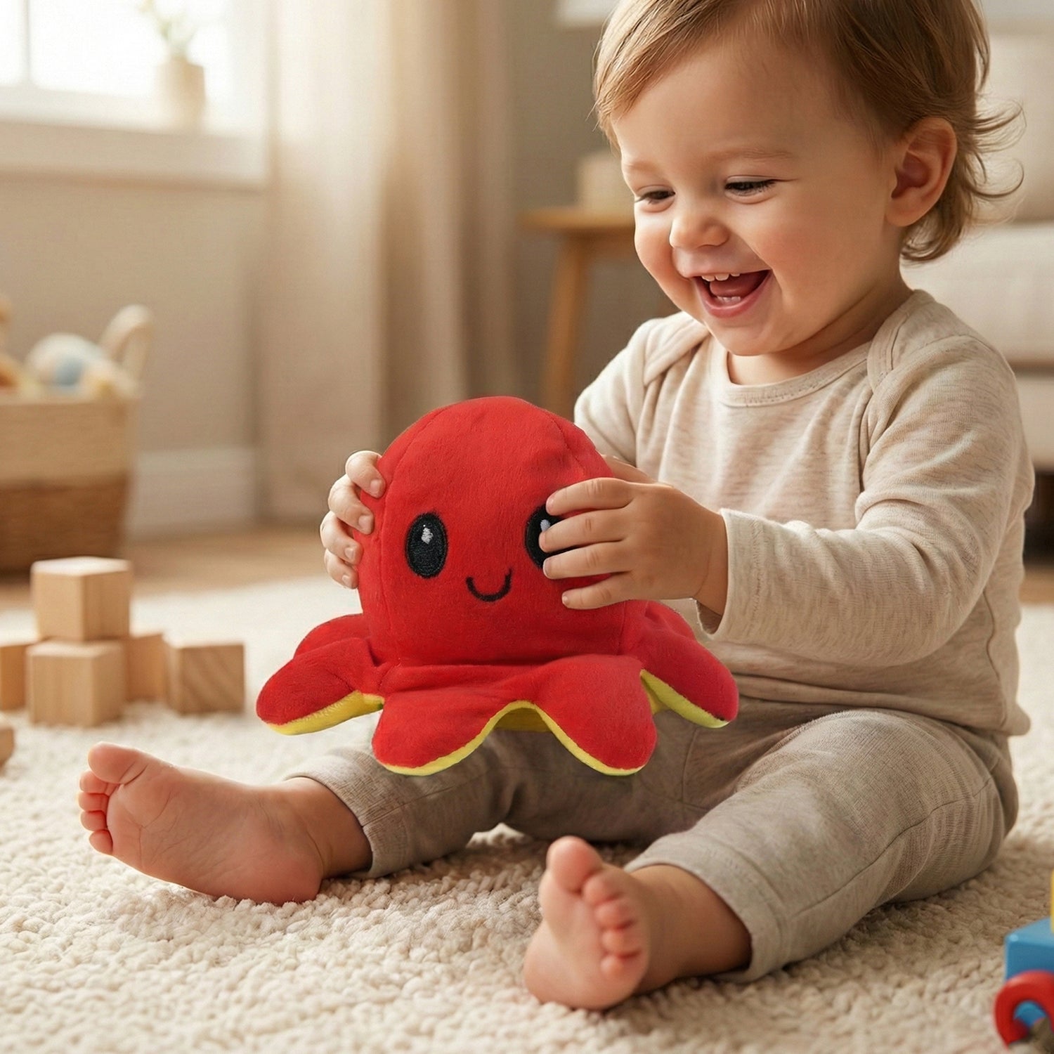 Reversible octopus mini plush toy by Wukusy, showing both smiling and surprised expressions, soft fabric and vibrant colors.