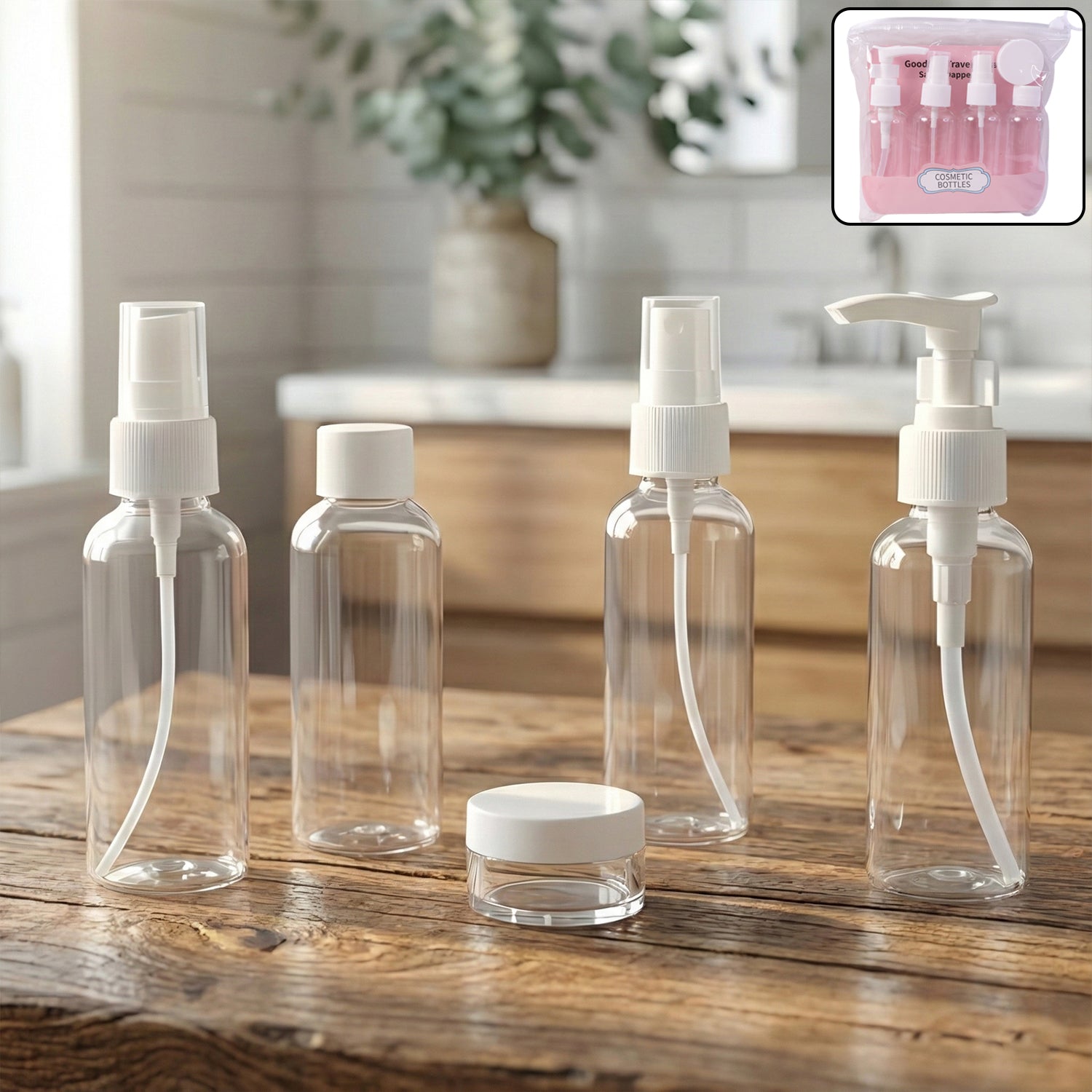 Wukusy 5-in-1 refillable travel cosmetic bottle set with clear containers and pumps for toiletries and skincare on the go.