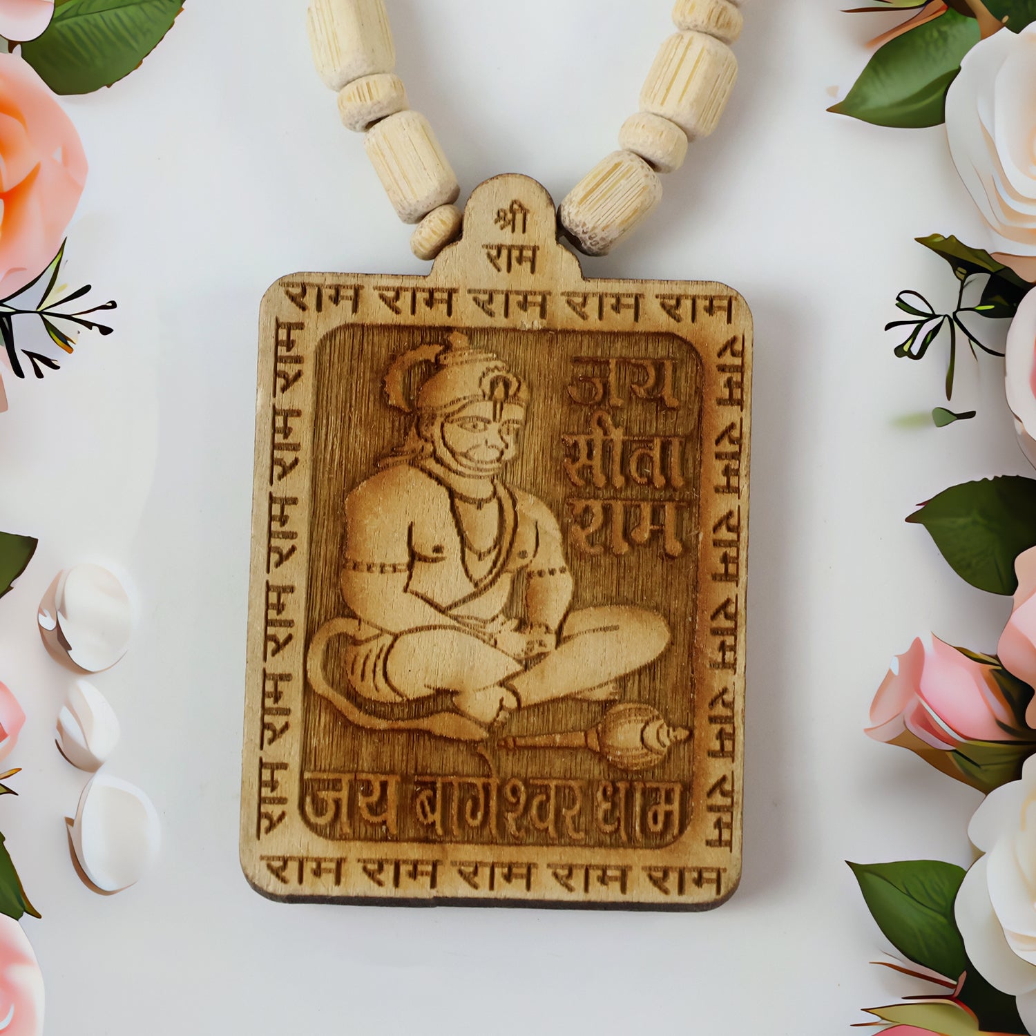 Wooden Hanuman pendant mala from Wukusy featuring a detailed carved Hanuman figure on natural wood beads.