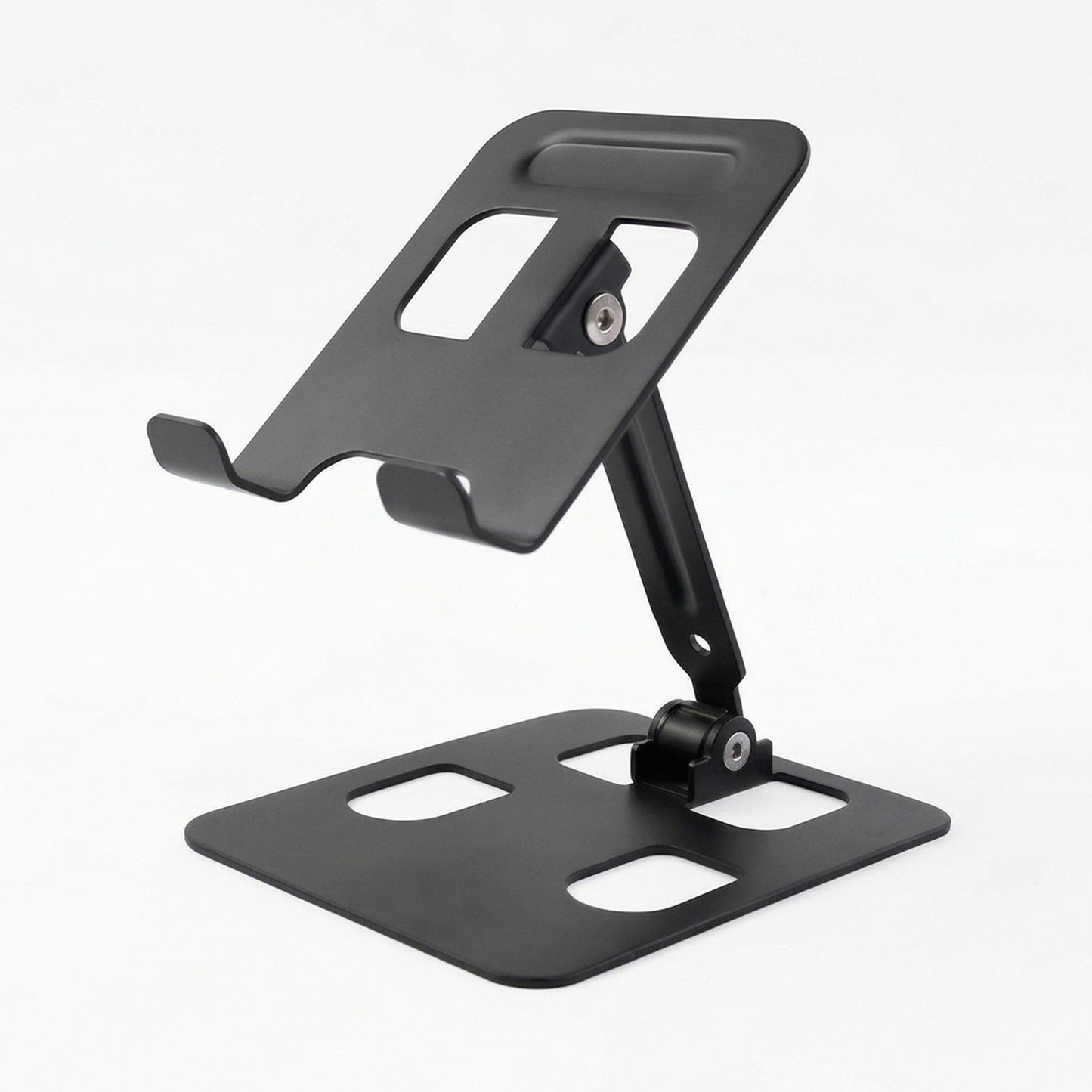 Adjustable metal mobile stand by Wukusy with a sleek design, suitable for smartphones and tablets, on a neutral background.