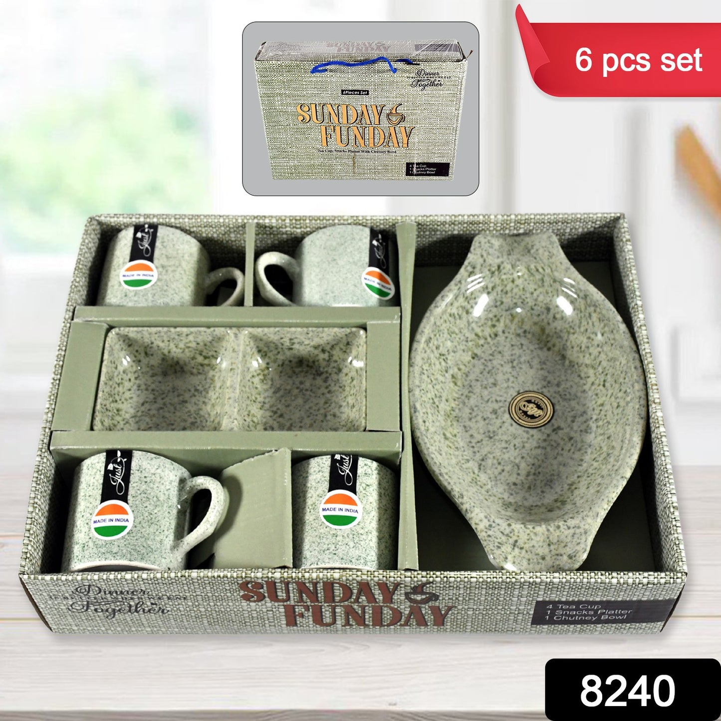 Set of 6 Wukusy ceramic tea cups with plastic snacks platter and 2-compartment chutney bowl, ideal for breakfast or outdoor use.