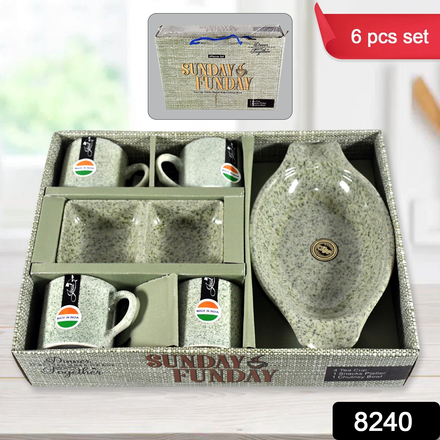 Set of 6 Wukusy ceramic tea cups with plastic snacks platter and 2-compartment chutney bowl, ideal for breakfast or outdoor use.