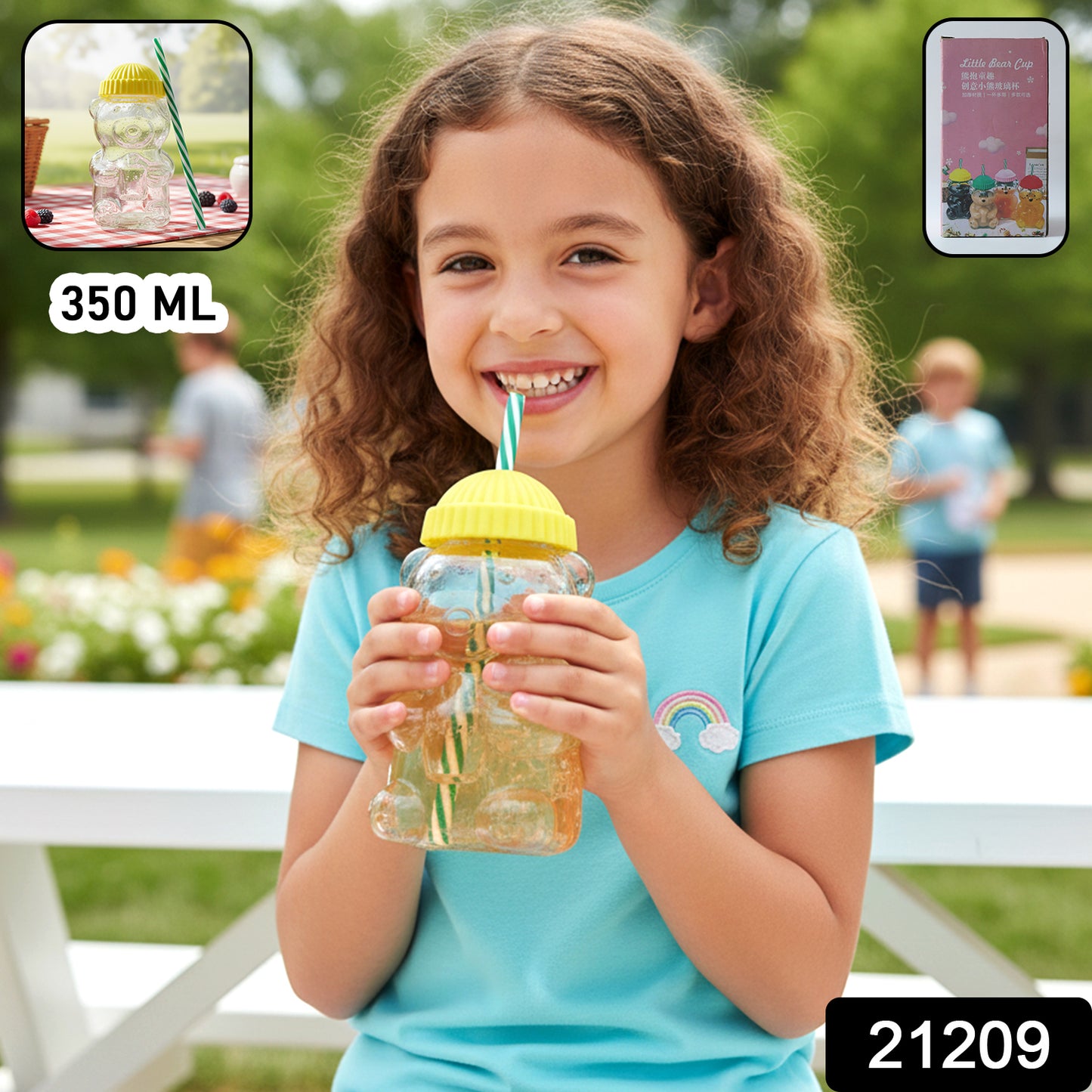 Wukusy glass bear-shaped kids drinking cup with straw, 350ml, featuring a cute bear design and easy-to-hold shape for children.