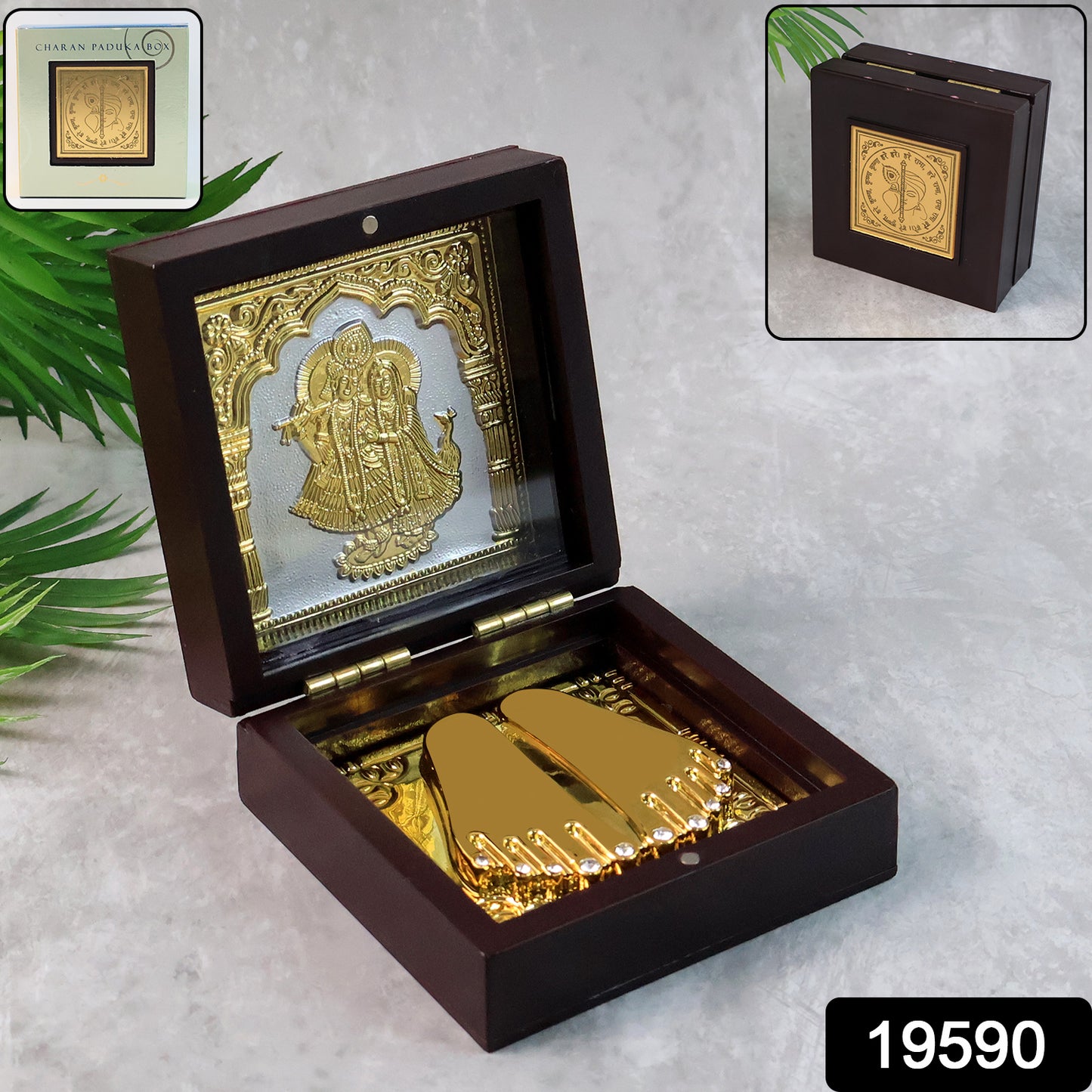 Golden Charan Paduka in wooden box, a spiritual home decor accessory with intricate design, crafted by Wukusy for religious offerings.