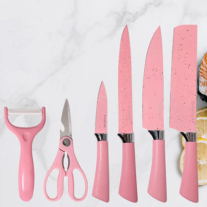Wukusy stainless steel 6-piece chef knife set with ceramic coating, kitchen scissors, and peeler on a white background.
