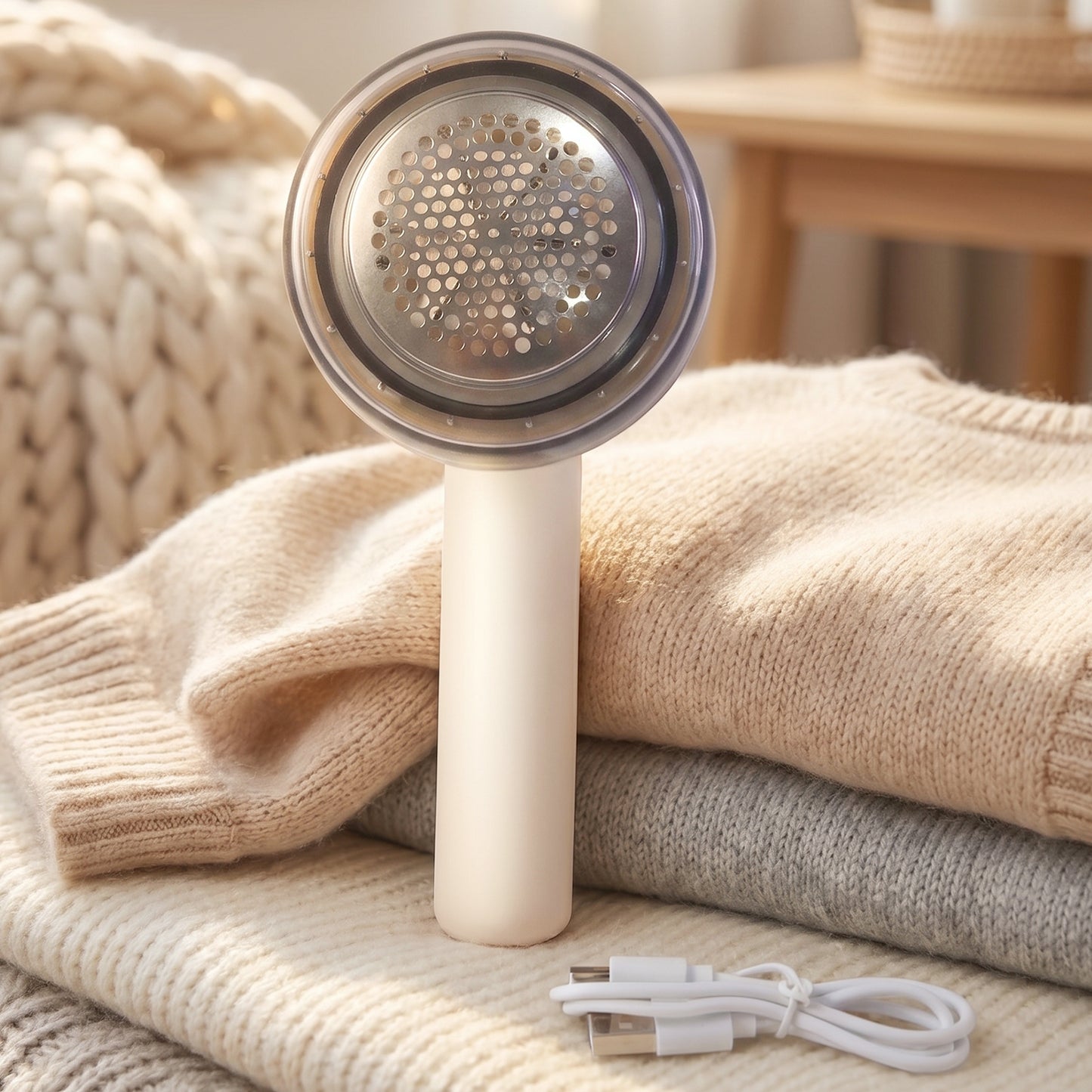 Wukusy rechargeable electric lint remover fabric shaver for clothes, sweaters, sofas, and blankets, with a compact handheld design.