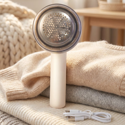 Wukusy rechargeable electric lint remover fabric shaver for clothes, sweaters, sofas, and blankets, with a compact handheld design.