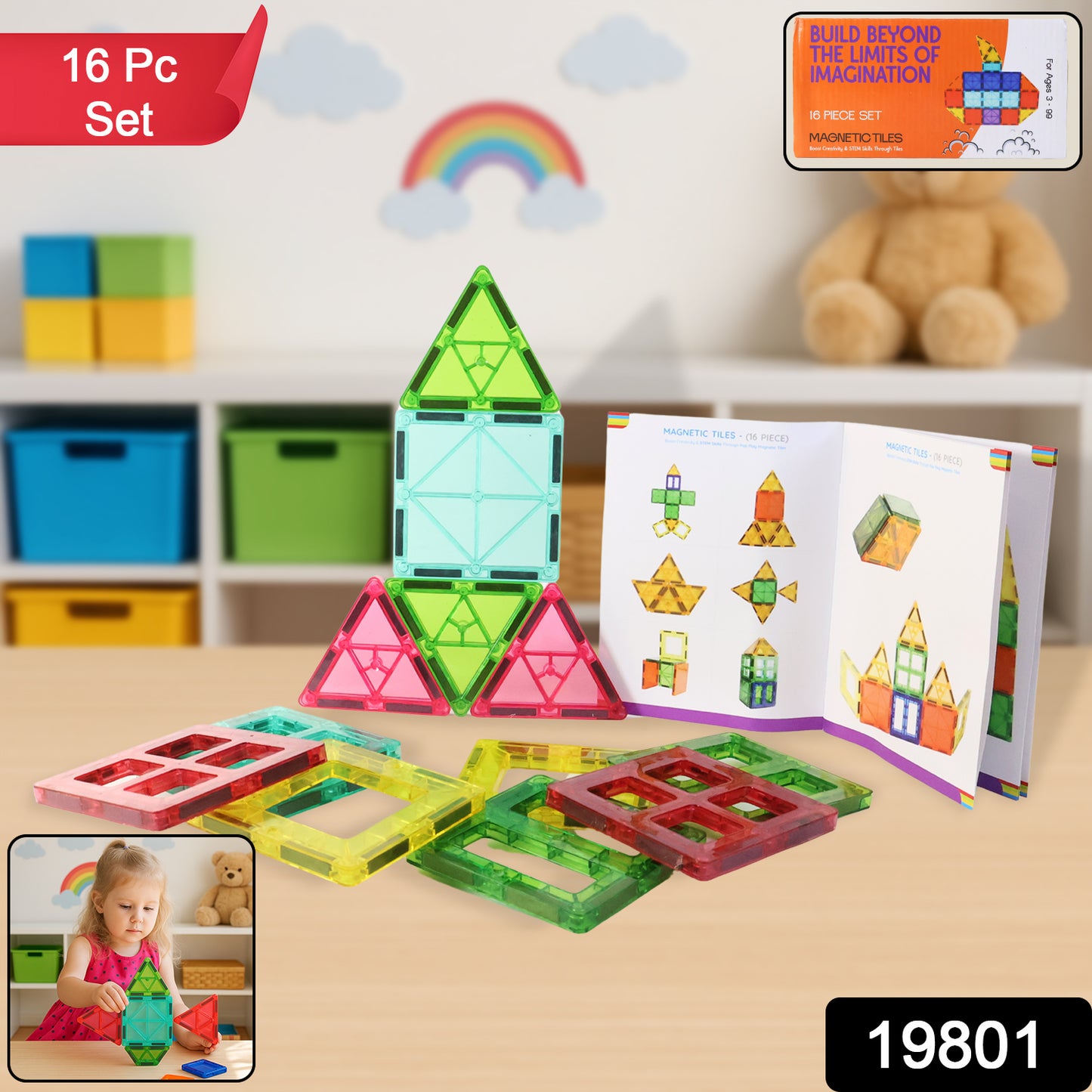 Wukusy magnetic building tiles construction toy set with 16 colorful plastic tiles for creative play and building fun.