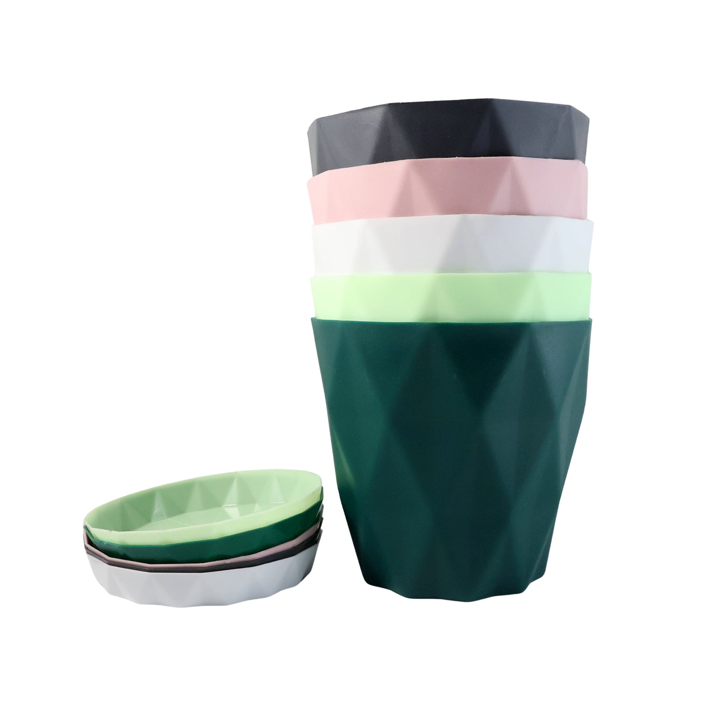 Set of five Wukusy diamond design plastic flower pots with drain trays for garden planting, featuring modern geometric patterns.