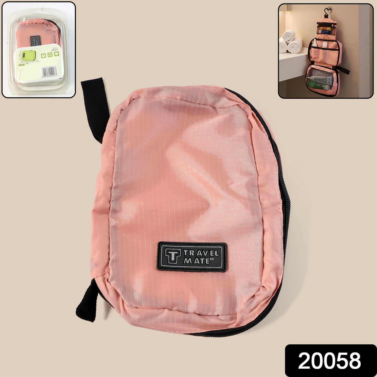 Wukusy Premium Travel Mate hanging toiletry bag with multiple compartments, compact design, and sturdy hanging hook for travel organization.