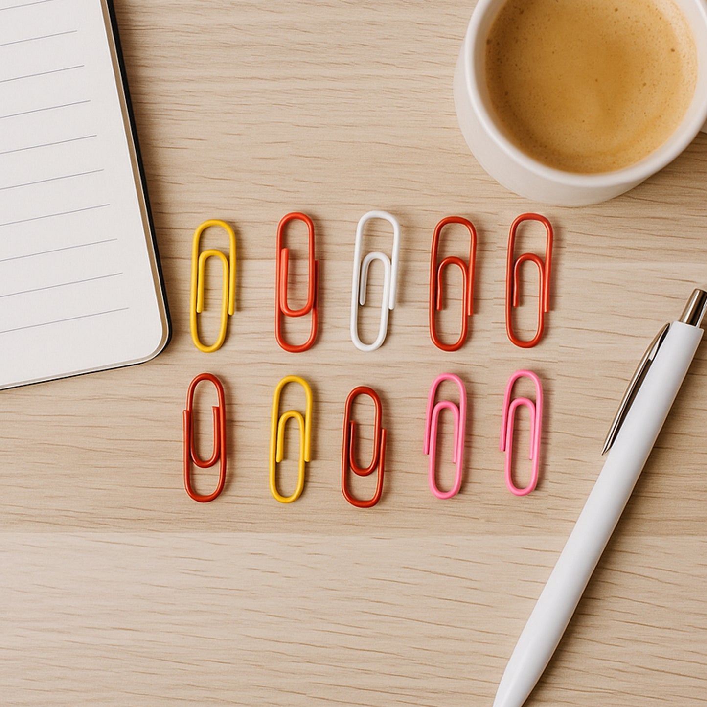 Set of 10 vinyl-coated paper clips from Wukusy, ideal for office use, shown in various colors on a white background.