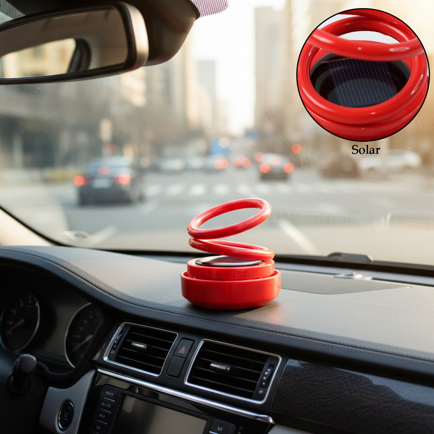 Small Wukusy solar car aroma air freshener hanging from a vehicle's rearview mirror, with a compact design and fresh scent appearance.