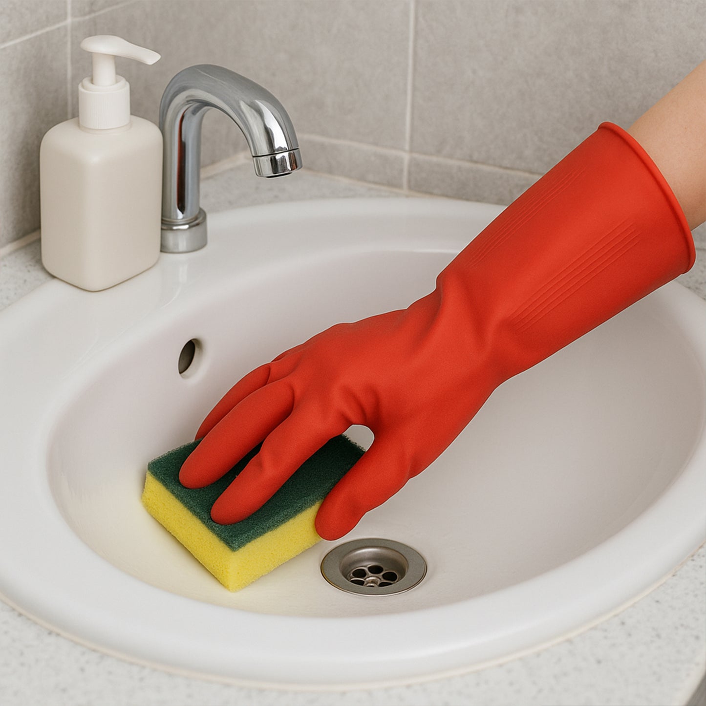 Pair of Wukusy long cuff rubber cleaning gloves in mixed colors, ideal for household cleaning tasks.