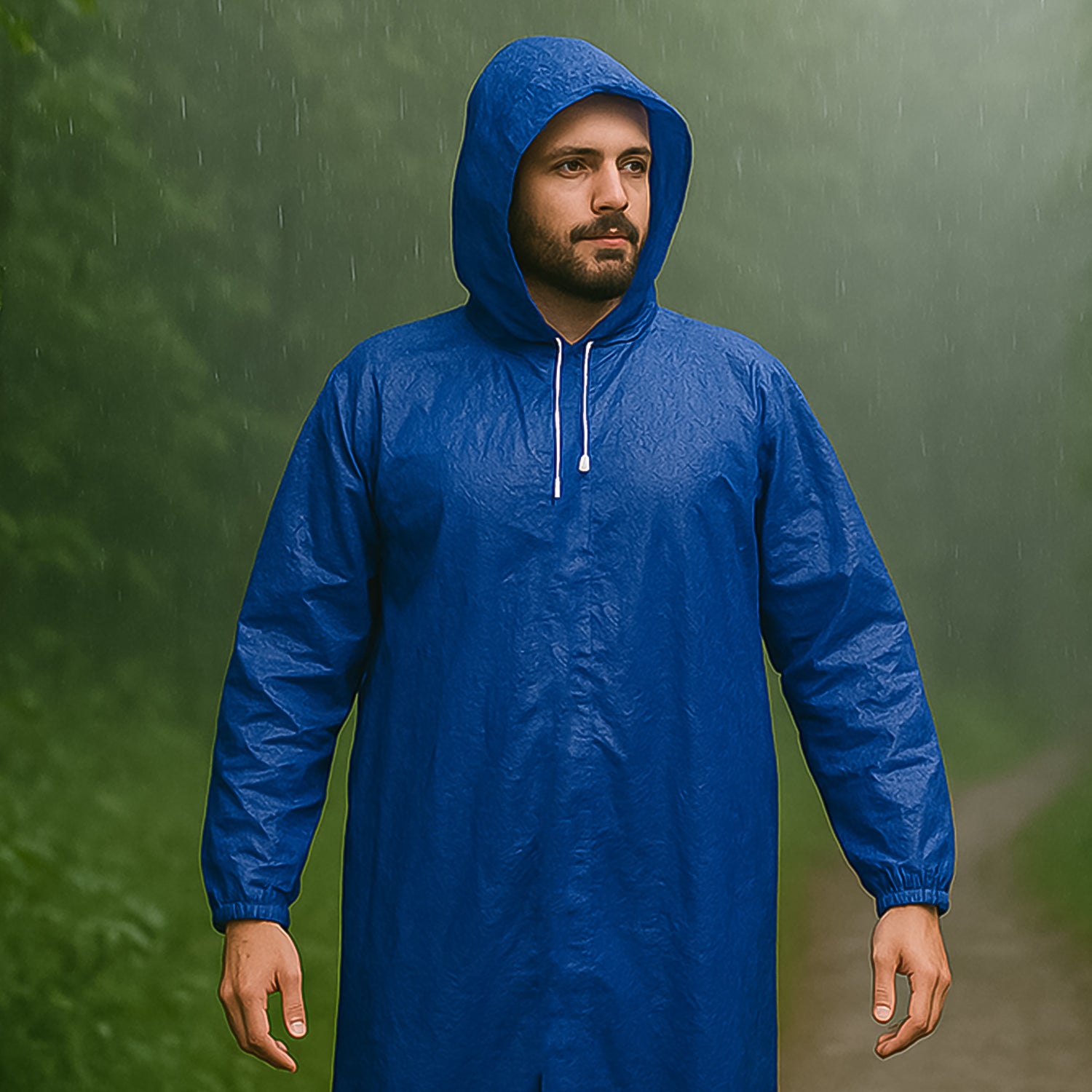 Large Wukusy men's waterproof hooded raincoat, durable and weather-resistant, shown in a vibrant color with adjustable hood and pockets.