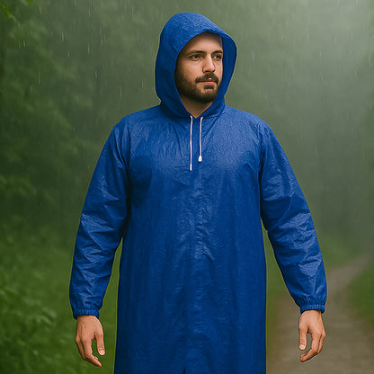 Large Wukusy men's waterproof hooded raincoat, durable and weather-resistant, shown in a vibrant color with adjustable hood and pockets.
