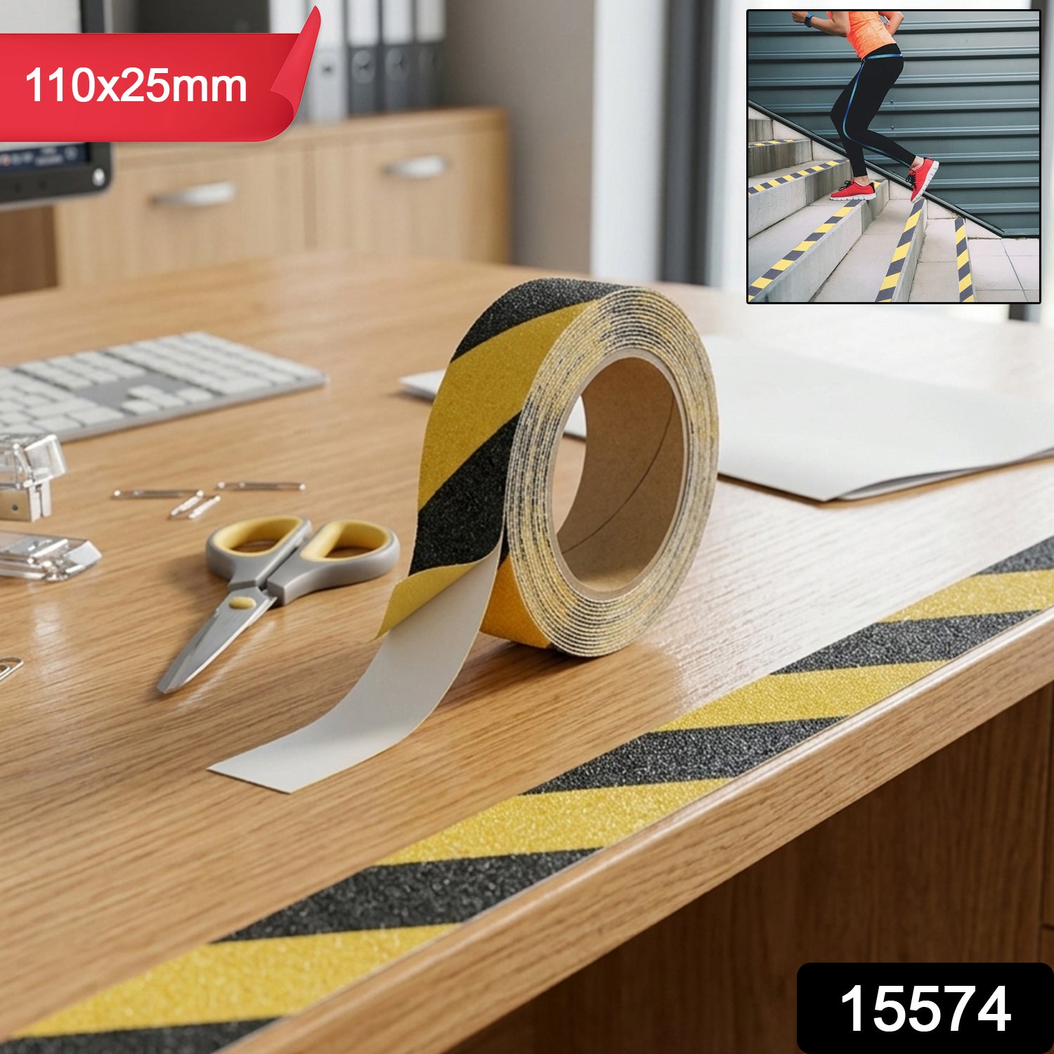 Wukusy heavy-duty anti-slip safety tape 110x25mm applied to a stair edge for enhanced safety and grip.