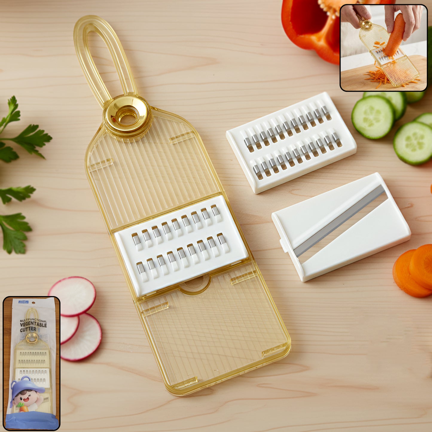 Wukusy multifunctional vegetable cutter set with interchangeable blades, showing various slicing and dicing options in use.