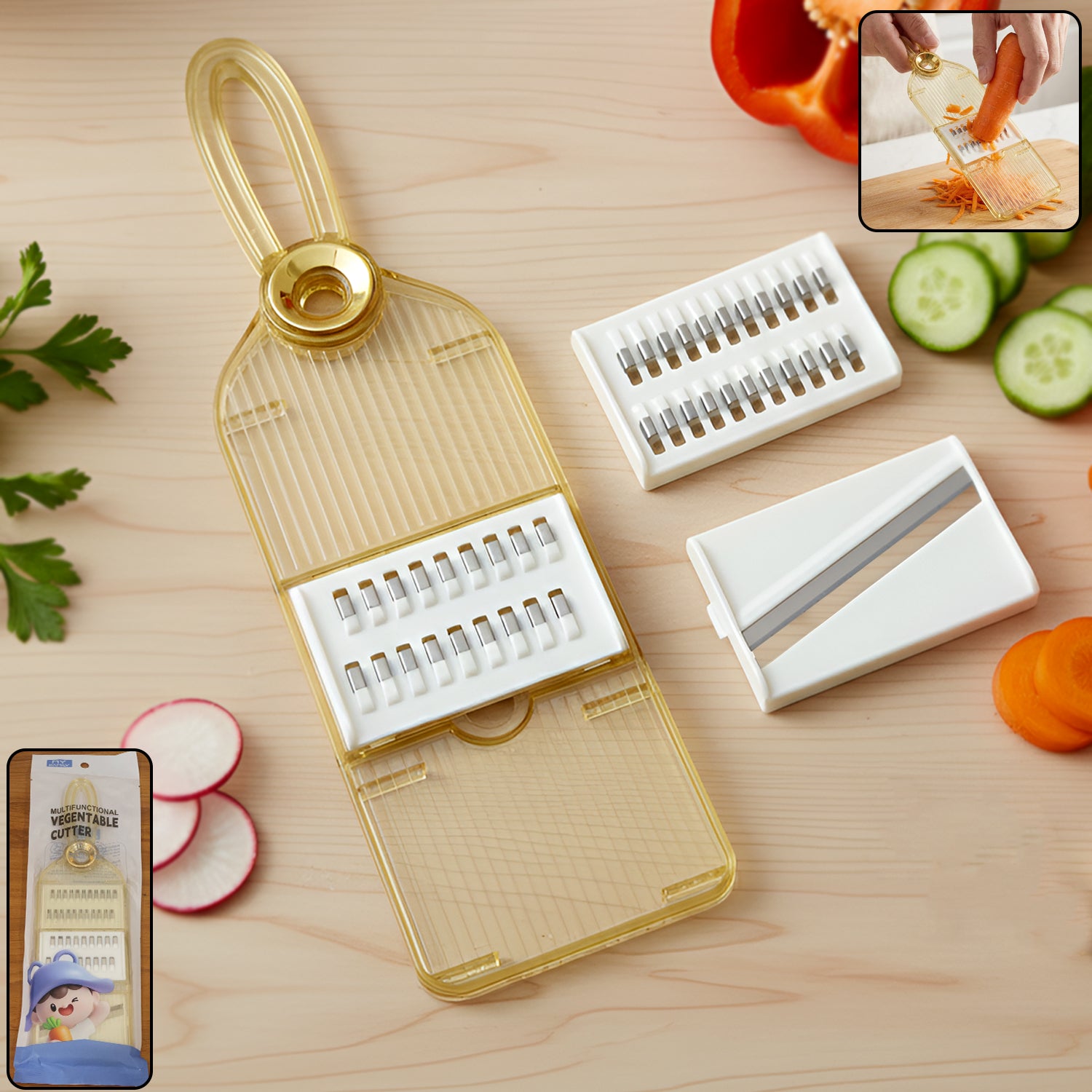 Wukusy multifunctional vegetable cutter set with interchangeable blades, showing various slicing and dicing options in use.