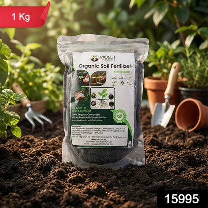 Black organic soil fertilizer by Wukusy for home gardening, 1 kg bag showing rich, dark compost ready for planting.
