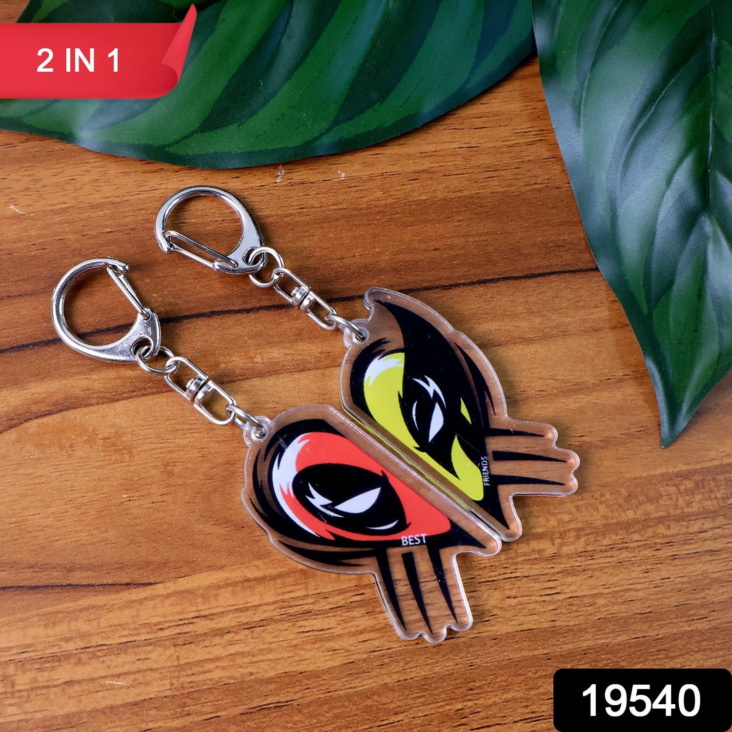 Two-in-one Wukusy Best Friends matching acrylic breakable keychains, designed as fun home decor accessories with friendship symbols.