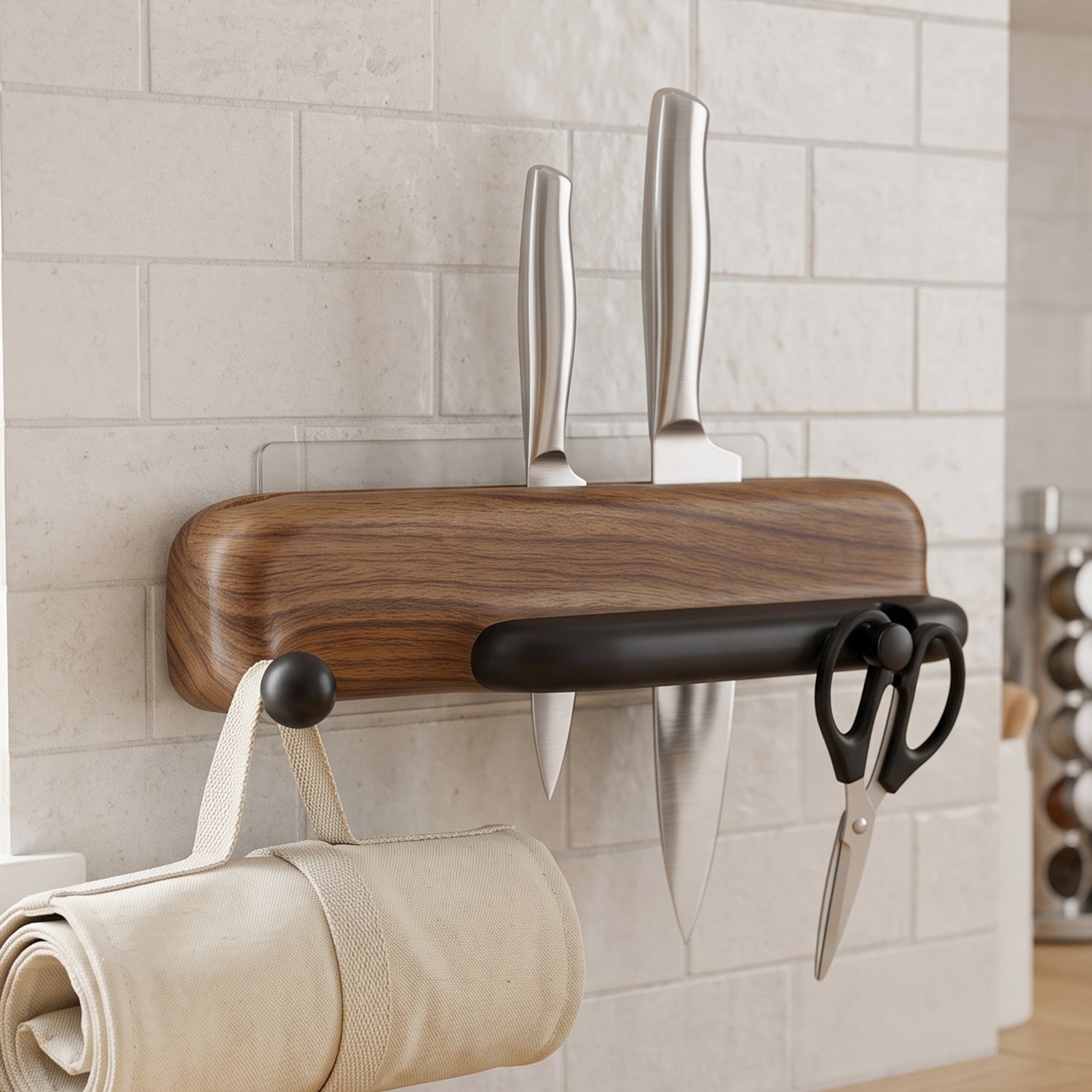 Wall Mounted Knife Holder With Hooks And Roll Bag Dispenser For Kitchen Storage