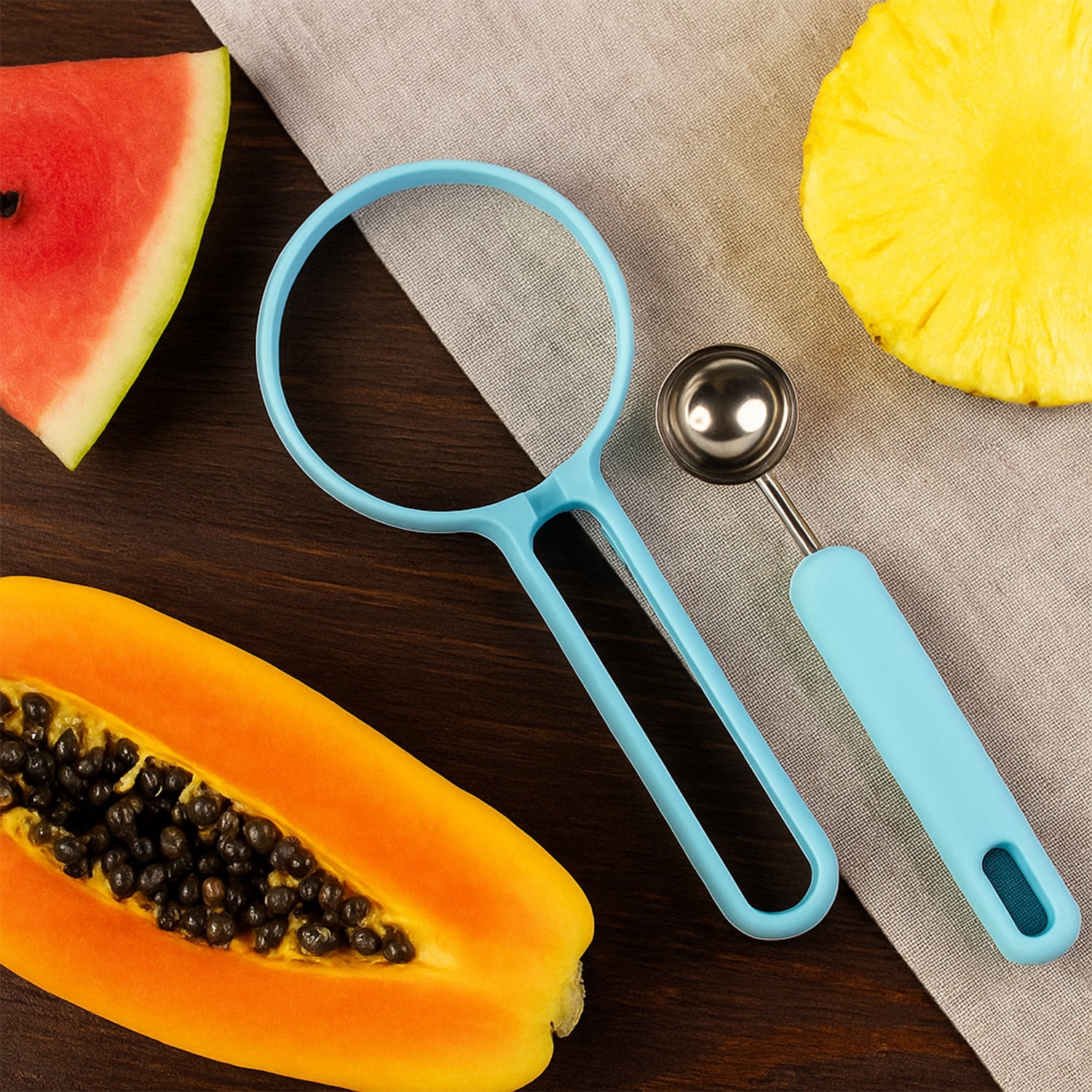 Wukusy multi-function melon baller and fruit cutter set with stainless steel tools for precise fruit preparation and decorative cuts.