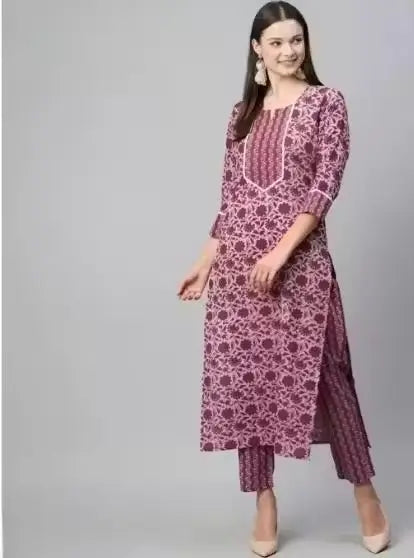 Women’s purple cotton kurti set with maroon pants, printed floral design, three-quarter sleeves, suitable for daily wear.
