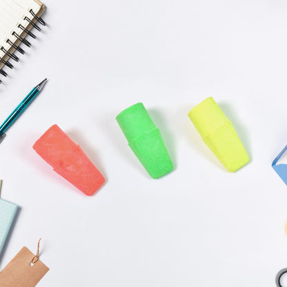 Wukusy office pencil top eraser with mixed colors and fun design, perfect for erasing pencil marks on paper.