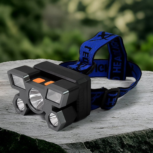 Wukusy 5 LED rechargeable USB headlamp with adjustable strap and bright light for outdoor activities and hands-free illumination.