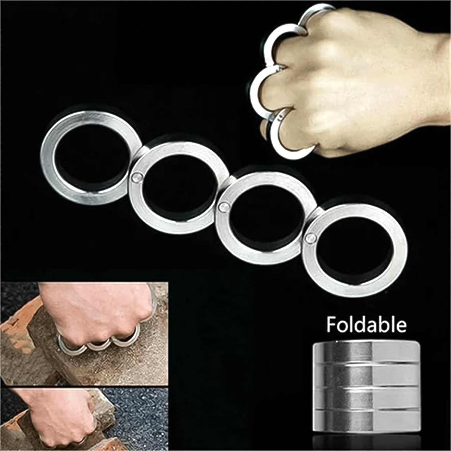 Wukusy portable 4-finger rotating folding travel ring set showing four interconnected rings with intricate design